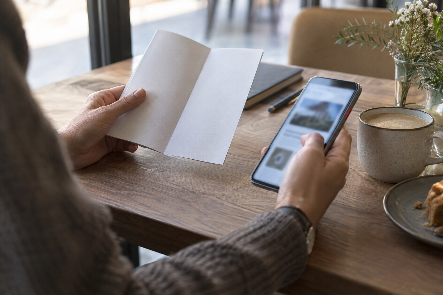 Иллюстрация: бумажные материалы рядом со страницей на телефоне