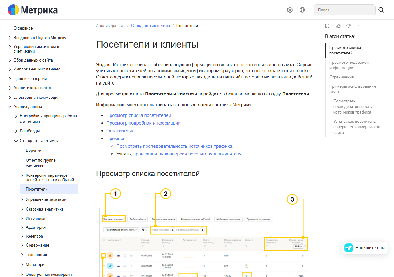 Снимок публичной справки Яндекс Метрики: раздел о посетителях и клиентах